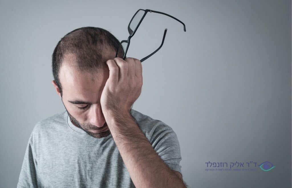 איש שרואה נקודות שחורות בשדה הראייה מחזיק את עינו